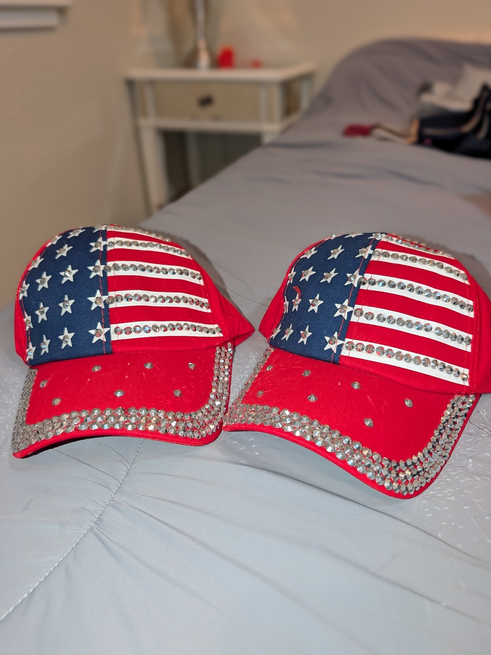 Women's Red Bedazzled American Flag Adjustable Hats with Silver Rhinestones